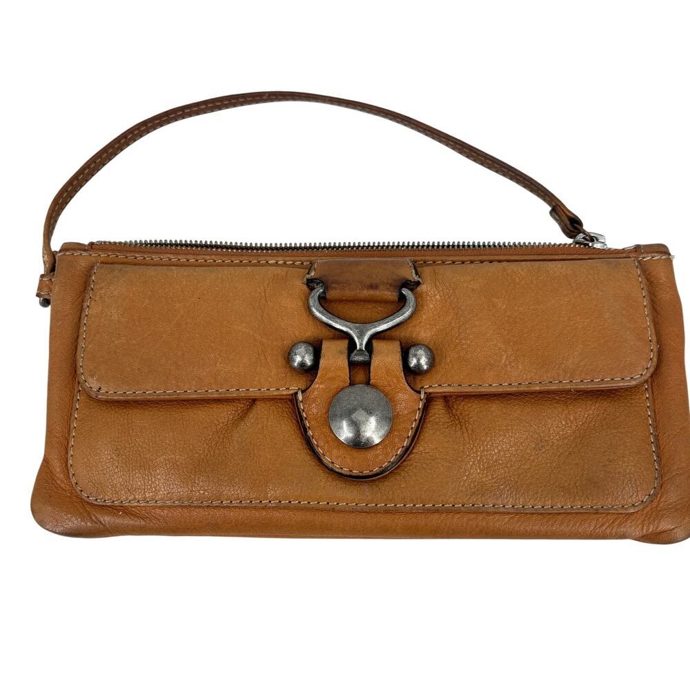 Hobo International Clutch Wristlet Handbag Tan Leather Zip Top Vintage 9.5 Inch